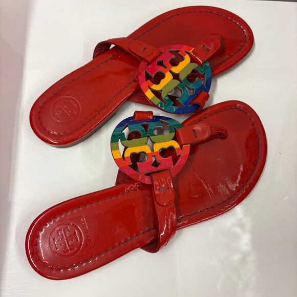 Tory Burch Sandals Ruby Red Rainbow Patented Leather Miller Sandals Size 5.5 - Picture 2 of 5